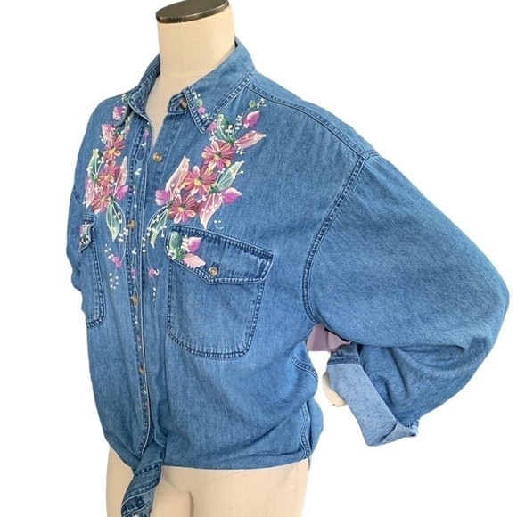 LASHA Button Up Shirt Western Blue Denim Handpainted Collar XL #57C - Picture 4 of 9